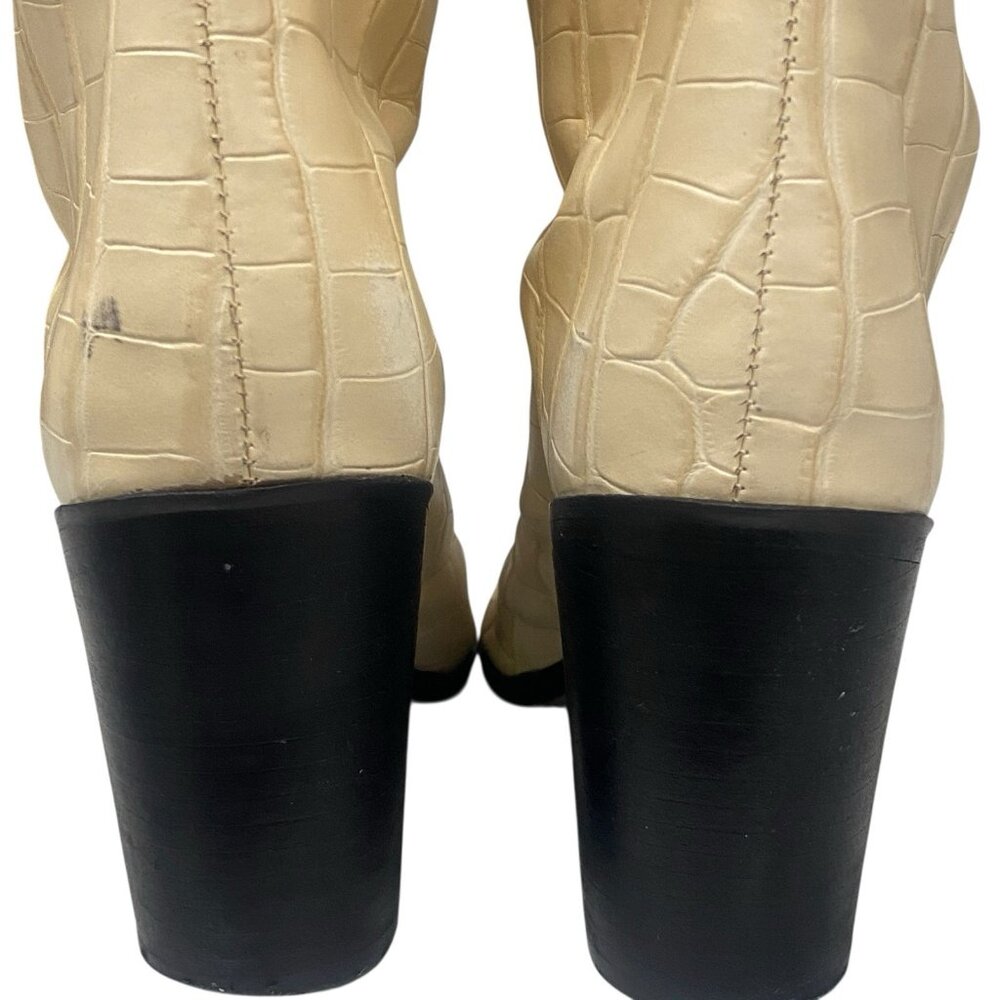 Schutz Womens 7B Analeah Knee-High Boots Croc Embossed Leather Egg Shell Western - Picture 5 of 10